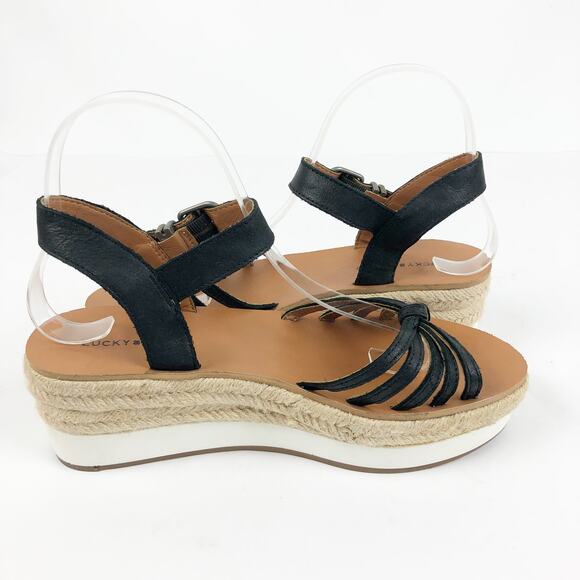 Lucky Brand Womens Juniffer Sandals 7 Black Leather Espadrille Wedge - Picture 6 of 10